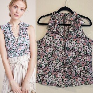 Anthropologie Women Tank Top Medium Black & Pink Chalmers Floral Cottagecore